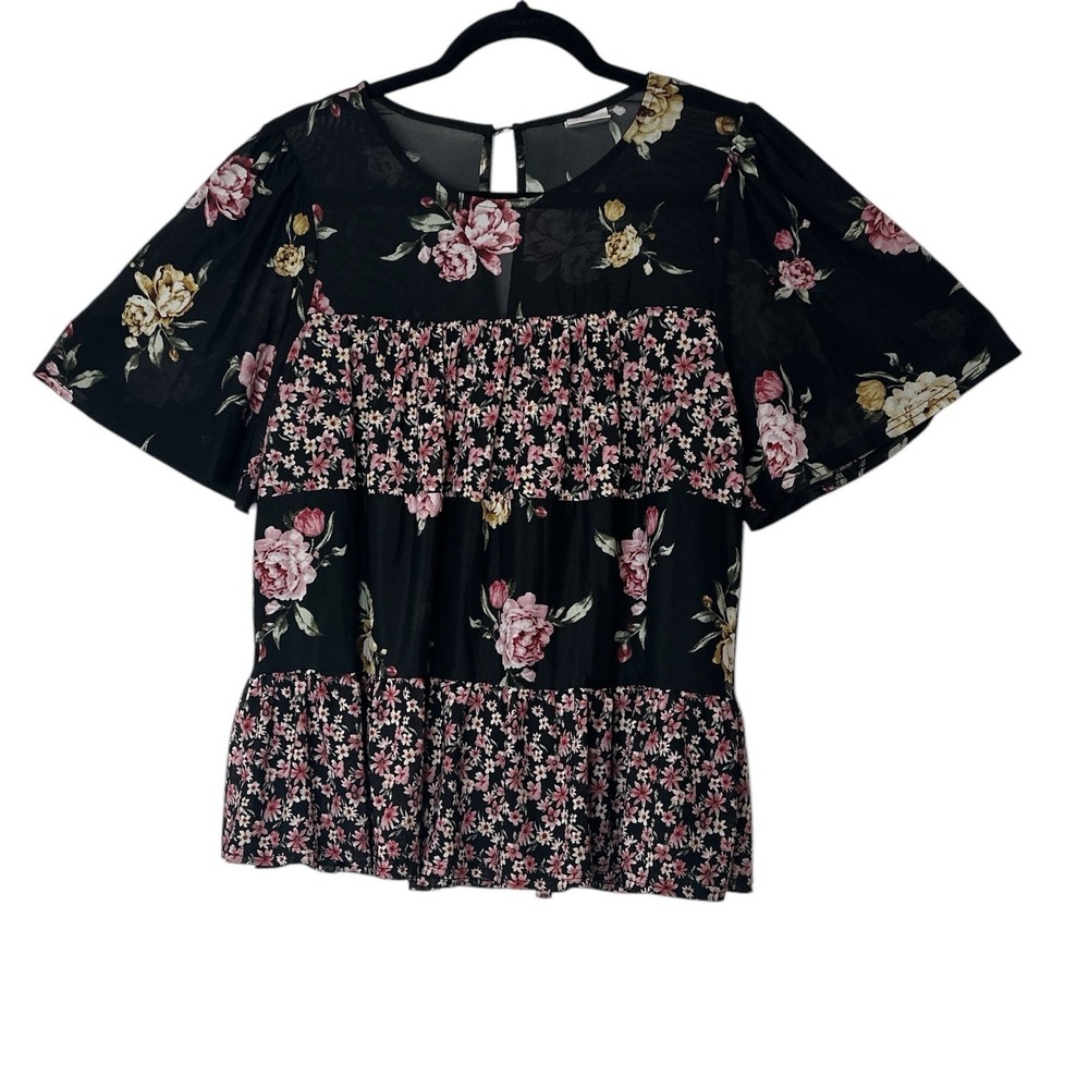 Luna Top Blouse Women‎ large Short sleeve ruffles Floral Fairy Bohemian Roses